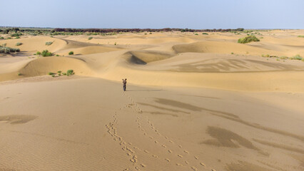 Fototapeta na wymiar Drone View of Sand Dunes At Jaisalmer Rajasthan 