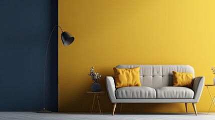 A room with a beautiful armchair and a side lamp on a yellow background. Generative ai - obrazy, fototapety, plakaty
