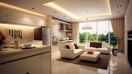 Modern luxurious open-plan kitchen and living room area. Generative ai