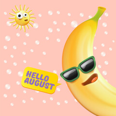 hello August square banner with cartoon sun and funky banana character isolated on summer pink background. Vector 3d horizontal hello august scene, poster, flyer, banner and background