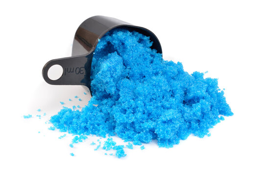 Copper II sulfate, also known as blue vitriol, bluestone, vitriol of copper, and Roman vitriol. On white background.