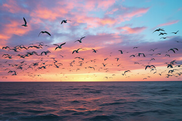 Seabirds flying gracefully over the ocean