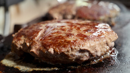 Closeup shot of juicy burger patties being cooked on electric grill. Cooking at home, kitchen appliance, healthy nutrition, hamburger ingredients.