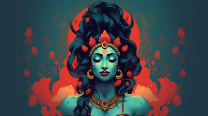 Modern cartoon depiction of Hindu goddess Kali, embracing femininity, women's empowerment, tantric Hinduism concept.