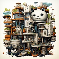 cute cats in a zoolike cartoon, in the style of precise, detailed architecture paintings, complex enigmas, fantastical ruins, detailed ink,,  AI illustration, digital, virtual, generative
