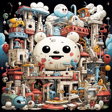 panda bear in a zoolike cartoon, in the style of precise, detailed architecture paintings, complex enigmas, fantastical ruins, detailed ink,,  AI illustration, digital, virtual, generative