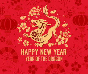 2024 Chinese New Year of the Dragon. Design element for Chinese lunar zodiacs collection. Silhouette of a golden dragon on a red background. Symbol of 2024. Vector card in oriental style. illustration