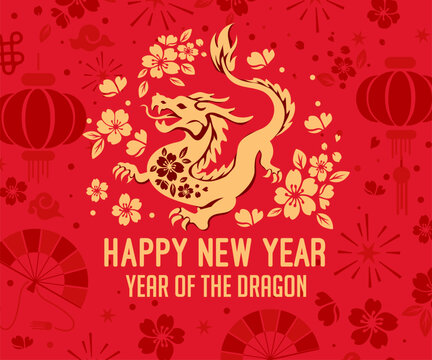 2024 Chinese New Year of the Dragon. Design element for Chinese lunar zodiacs collection. Silhouette of a golden dragon on a red background. Symbol of 2024. Vector card in oriental style. © SamsonFM