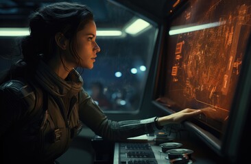 Fototapeta na wymiar female space officer looks into a monitor , generative artificial intelligence