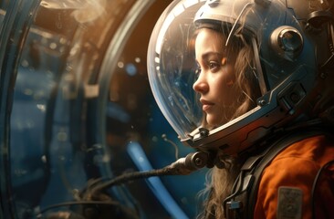 female space officer looks into a monitor , generative artificial intelligence