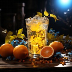 Illustration of a glass of freshly squeezed orange juice with slices of oranges on a wooden table created with Generative AI technology