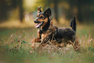 Portrait of a happy mestizo dog walking in the meadow at sunset background