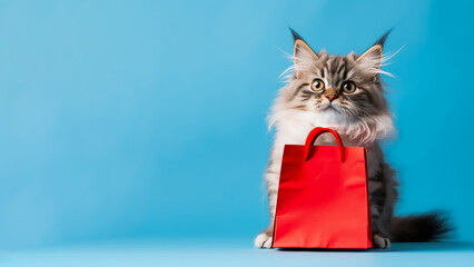 Cat with shopping bags; blue background with empty space 