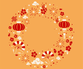 Obraz premium Frame with flowers and asian elements with craft style background, asian new year card