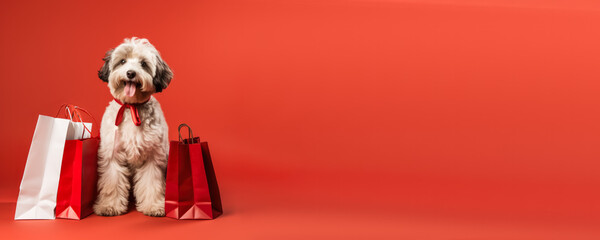 Dog with shopping bags; red background with empty space 