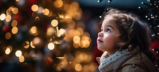 Young cute girl in awe of twinkling lights and ornaments on majestic Christmas tree. Sense of...