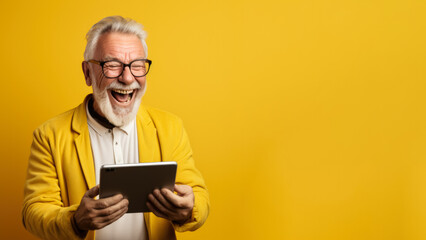 Energetic elderly man rejoicing with a tablet for online shopping; isolated on a yellow background 