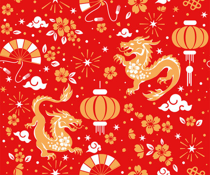Seamless pattern happy chinese new year the dragon zodiac sign with asian elements paper cut style on color background.