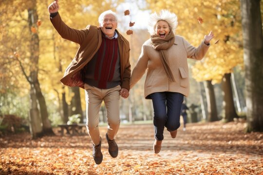 healthy living benefits senior couple jumping and walkin , generative artificial intelligence