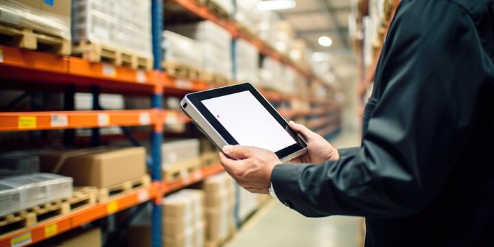 Warehouse management system with barcode reader and tablet PC.
