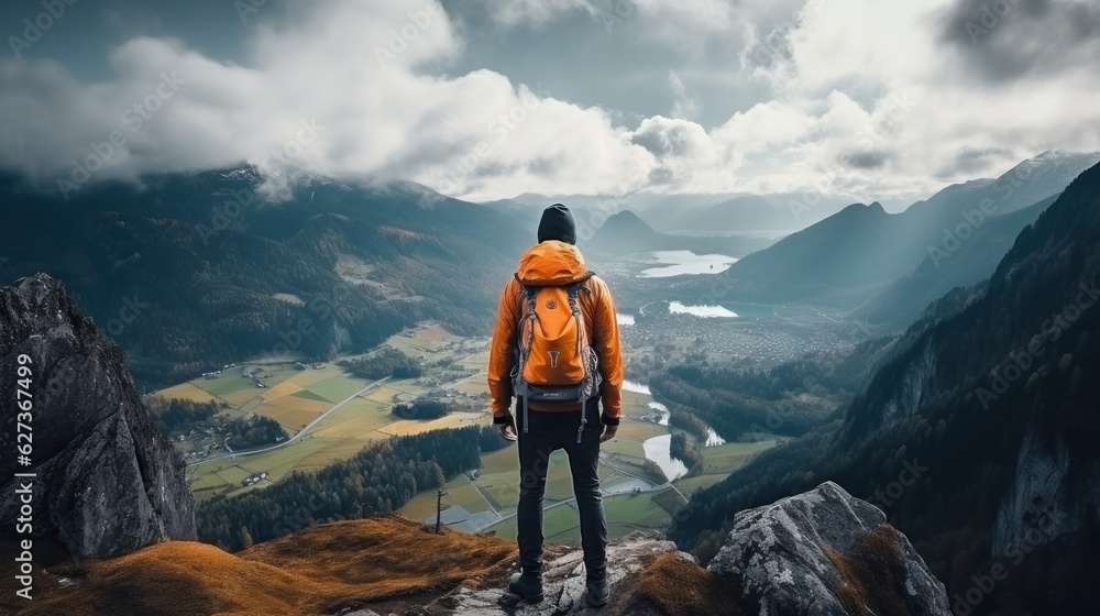 Wall mural Young hiker with backpack in mountains