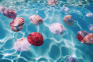 Shell on water with bubbles generative ai - obrazy, fototapety, plakaty