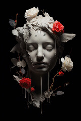 Female face white statue with red roses generative ai
