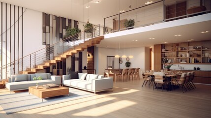 A modern living room mezzanine rendering. Generative ai - obrazy, fototapety, plakaty