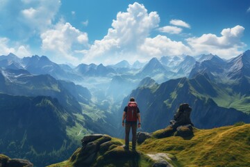 Fototapeta premium Young hiker with backpack in mountains