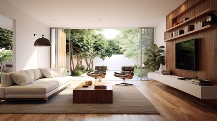 A modern mid-century minimalist interior living. Generative ai
