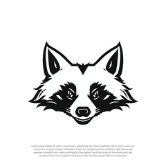 Black white raccoon head design logo. Animal mascot logotype, illustration of a black silhouette of a racoon. Isolated white background.