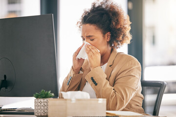 Corporate, blowing nose and woman with a sneeze, sick or allergies with virus, fatigue or health issue while working at office. Female person, employee or allergy with illness, cold or flu with sinus - obrazy, fototapety, plakaty