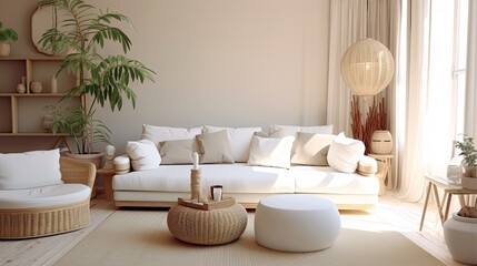 A room interior has white decorations and wicker furniture. Generative ai