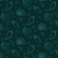 Seamless vector pattern on the marine theme. Various seashells with a blue line on a green background