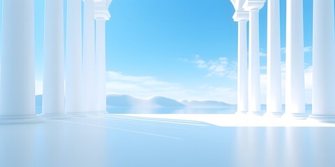 Beautiful airy widescreen minimalistic white and light blue architectural background banner with tilted columns