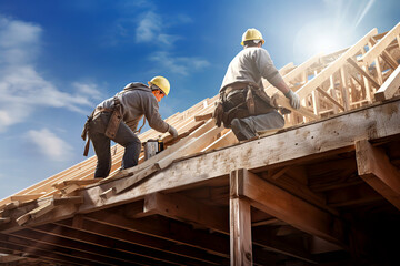 Two roofer ,carpenter working on roof structure at construction site - obrazy, fototapety, plakaty