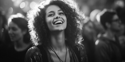 Portrait of happy young woman with long curly hair with group of happy people having fun