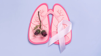 Branch of thistle as a symbol of sick lungs, white ribbon. World Tuberculosis Day, Pneumonia day or...