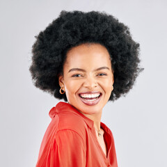 Happy, excited and portrait of woman in studio with success, confidence and leadership. Happiness, smile and professional young African female creative designer mindset isolated by gray background.