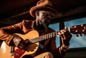 Obraz premium the artist wearing brown sunglasses a guitar playing , generative artificial intelligence