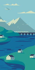 Naklejka premium Nature landscape with mountains, hills, green grasslands, country houses, and a river in summer. Travel and tourism transport concept. Flat vector illustration EPS10