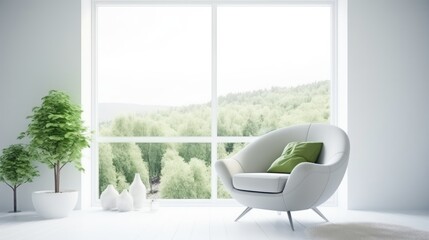 A white room with a chair and a green landscape window. Generative ai