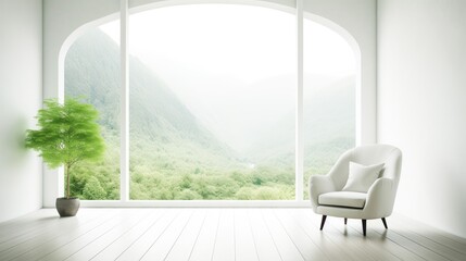 A white room with a chair and green landscape window. Generative ai