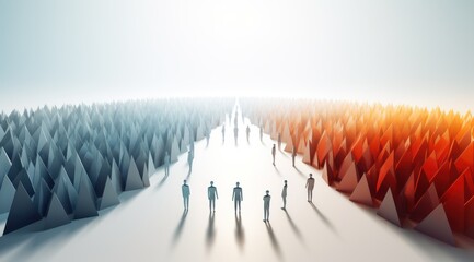  Leadership and successful business ideas concept 3d rendering of crowd 3d low polygon people arrow shape form walk together on white floor 