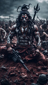 &ldquo;After the battle's fervor subsides, Lord Bhairava sits majestically upon the battlefield, adorned with his sacred trishula and celestial machine gun.&rdquo;