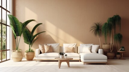 A stylish room interior comfortable furniture plant.  Generative ai