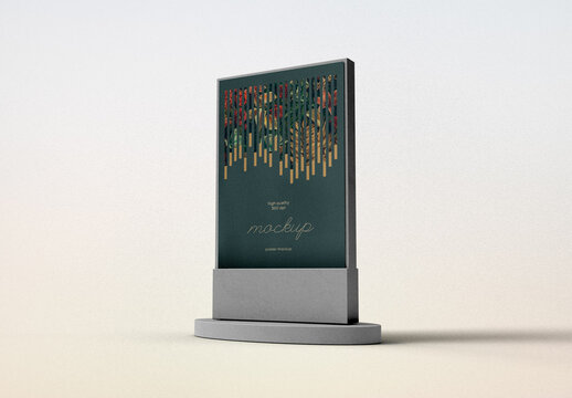 Dark Vertical Lightbox Stand Mockup &ndash; Elegant Freestanding Display with Colorful Geometric Top Frame for Menus or Branding