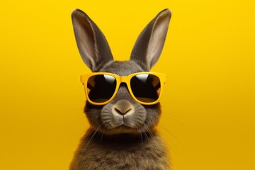 Easter rabbit bunny with yellow sunglasses, studio lighting, yellow background