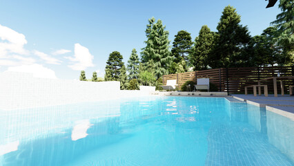 Luxury beach house with sea view swimming pool and terrace in modern design. 3D Rendering. Lounge chairs on wooden floor deck in holiday home or hotel. Contemporary holiday villa exterior.