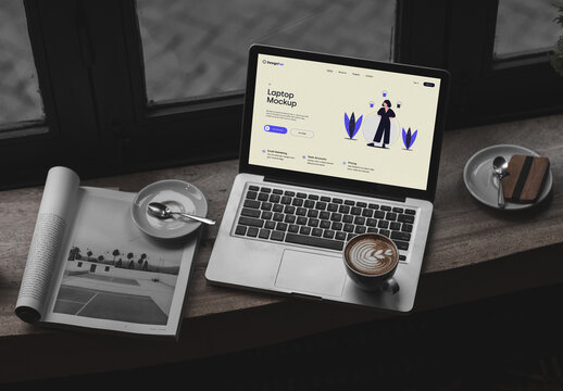 Laptop in Cafe Mockup